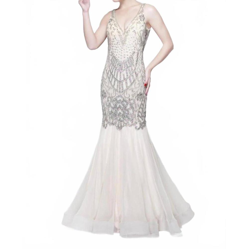 NEW PRIMAVERA beaded sleeveless mermaid evening gown in nude